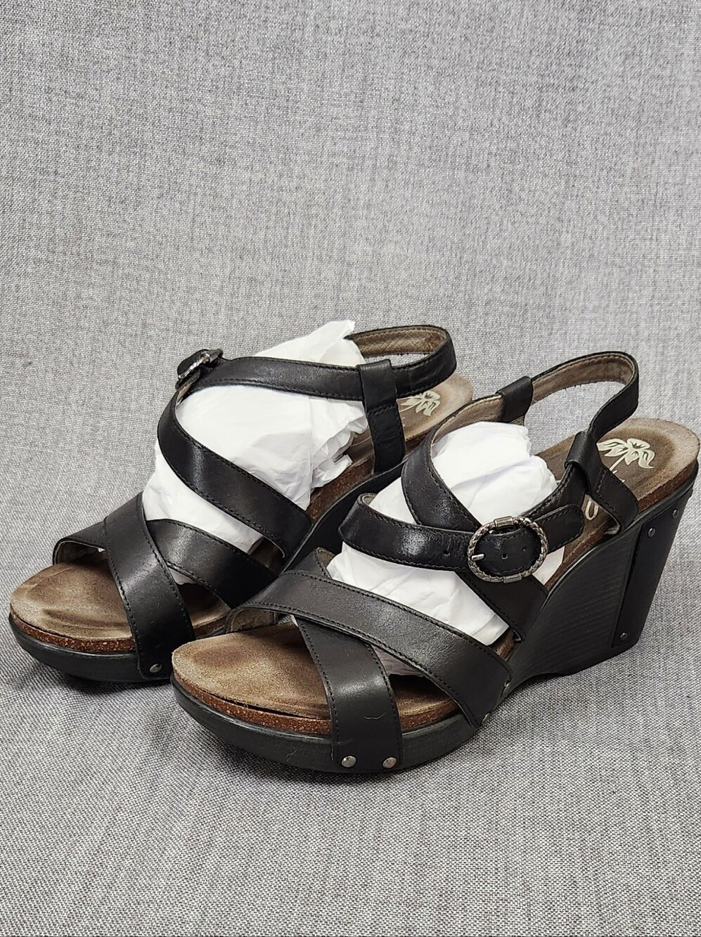 Dansko Frida Wedge Black Leather Strap Sandals. Size 40